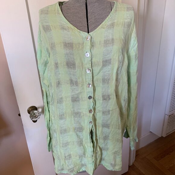 Flax 100% Linen Shell Button Up Tunic Shirt Sz M Lime Green Windowpane Weave - Picture 1 of 5